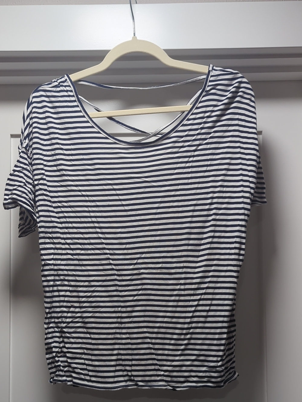 Old Navy Navy and White Striped Crisscross Back Tee